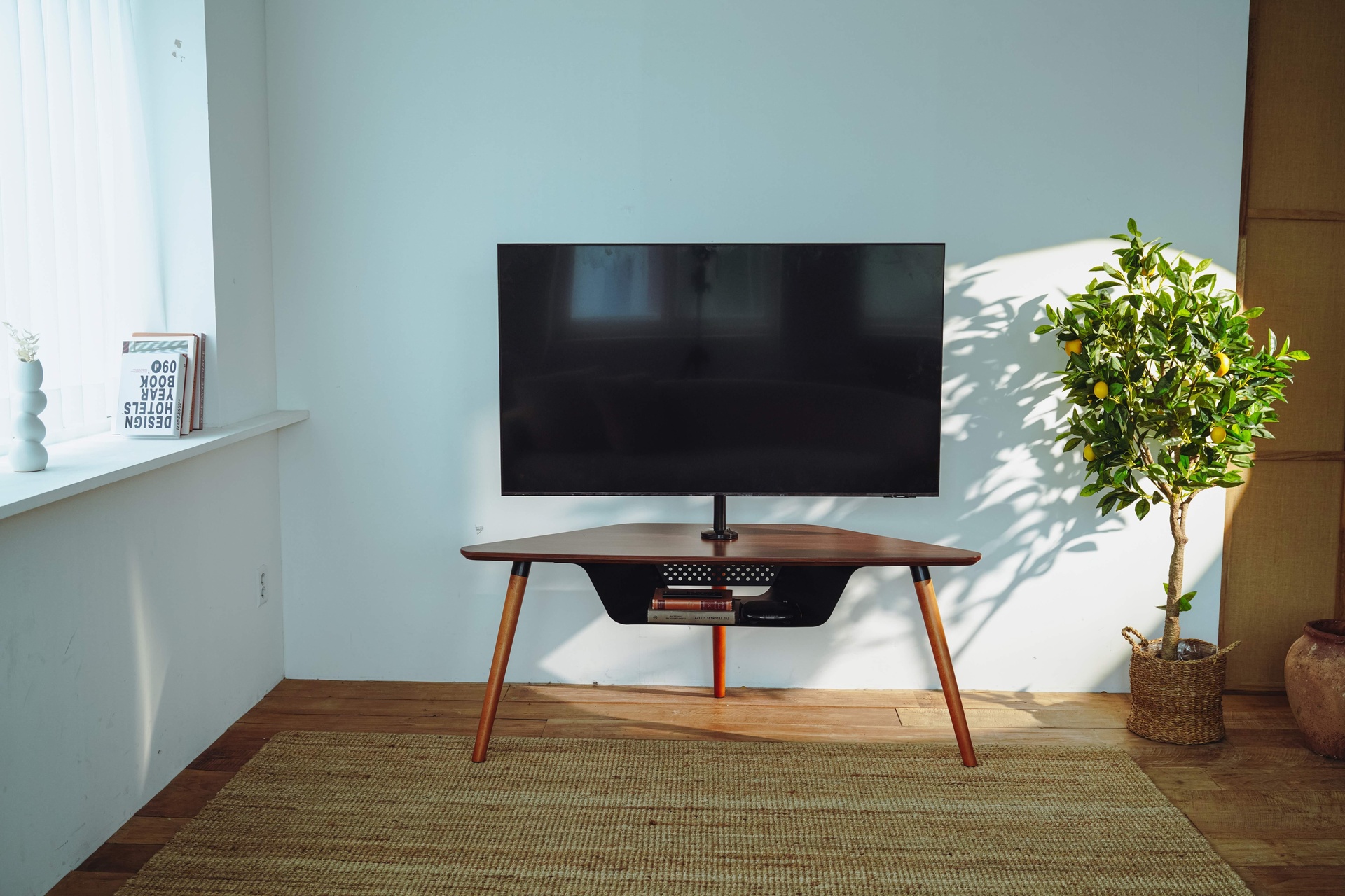 POUT EYES 18 - Corner TV Floor Stand with Large Capacity Open Storage 1